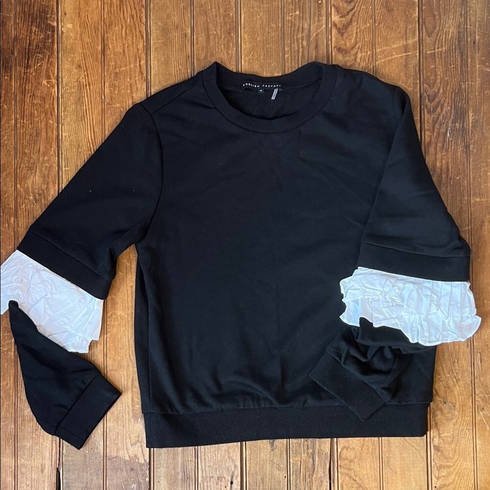 English Factory Black Knit Top Womens ruffled long sleeve black white size med